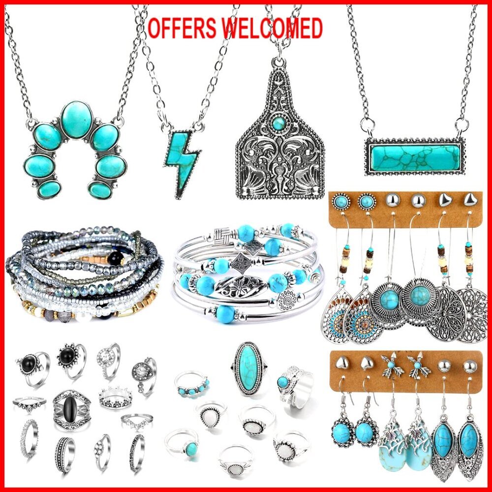 Turquoise Jewelry Set: Necklace, Earrings, Bracelets, Rings - Alloy Boho